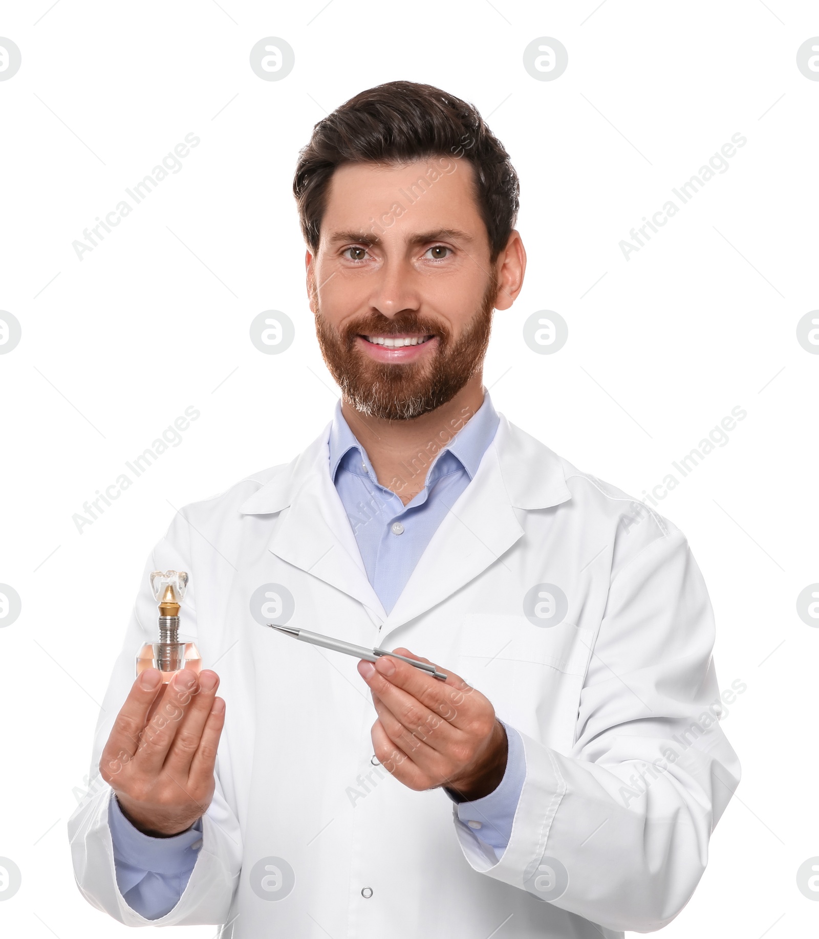 Photo of Dentist holding educational model of dental implant on white background