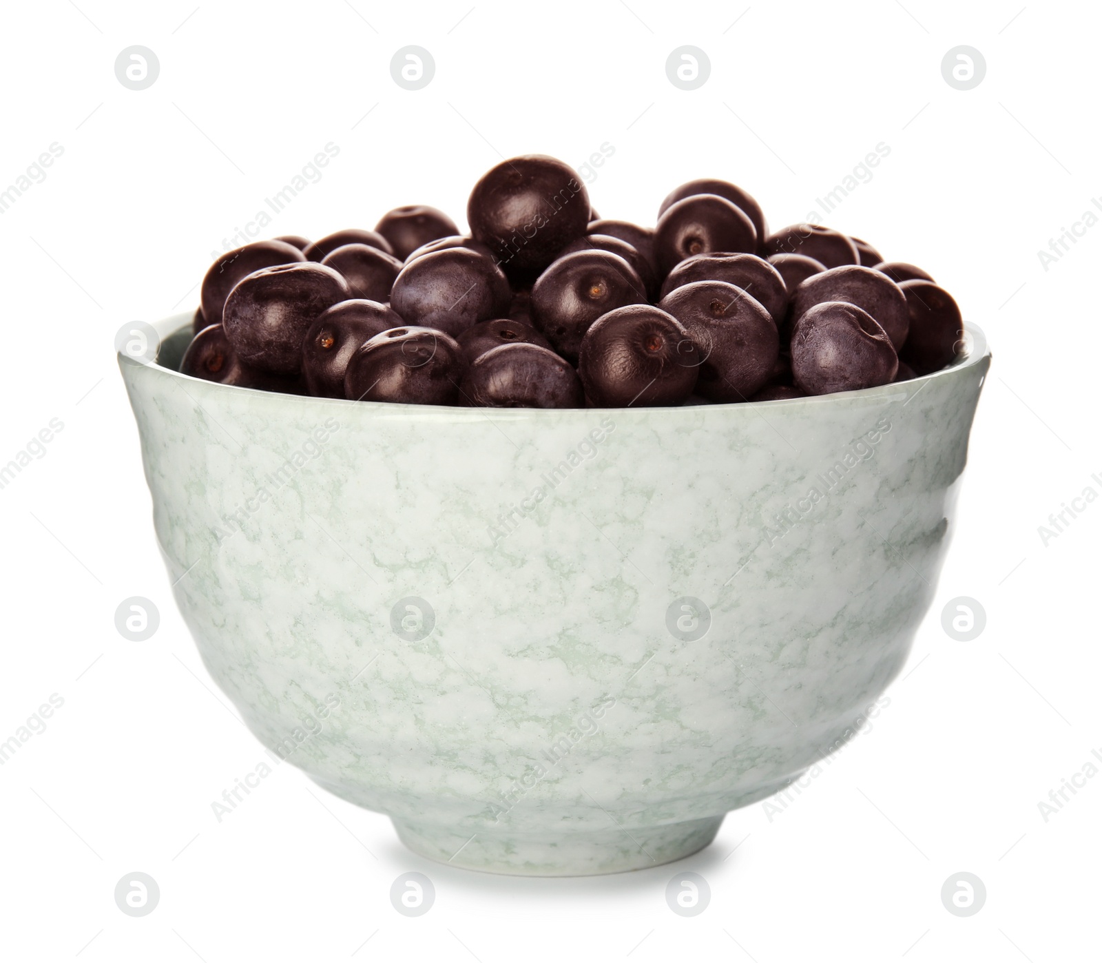 Photo of Bowl with fresh acai berries on white background