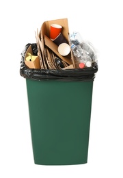 Photo of Trash bin with garbage on white background. Waste recycling