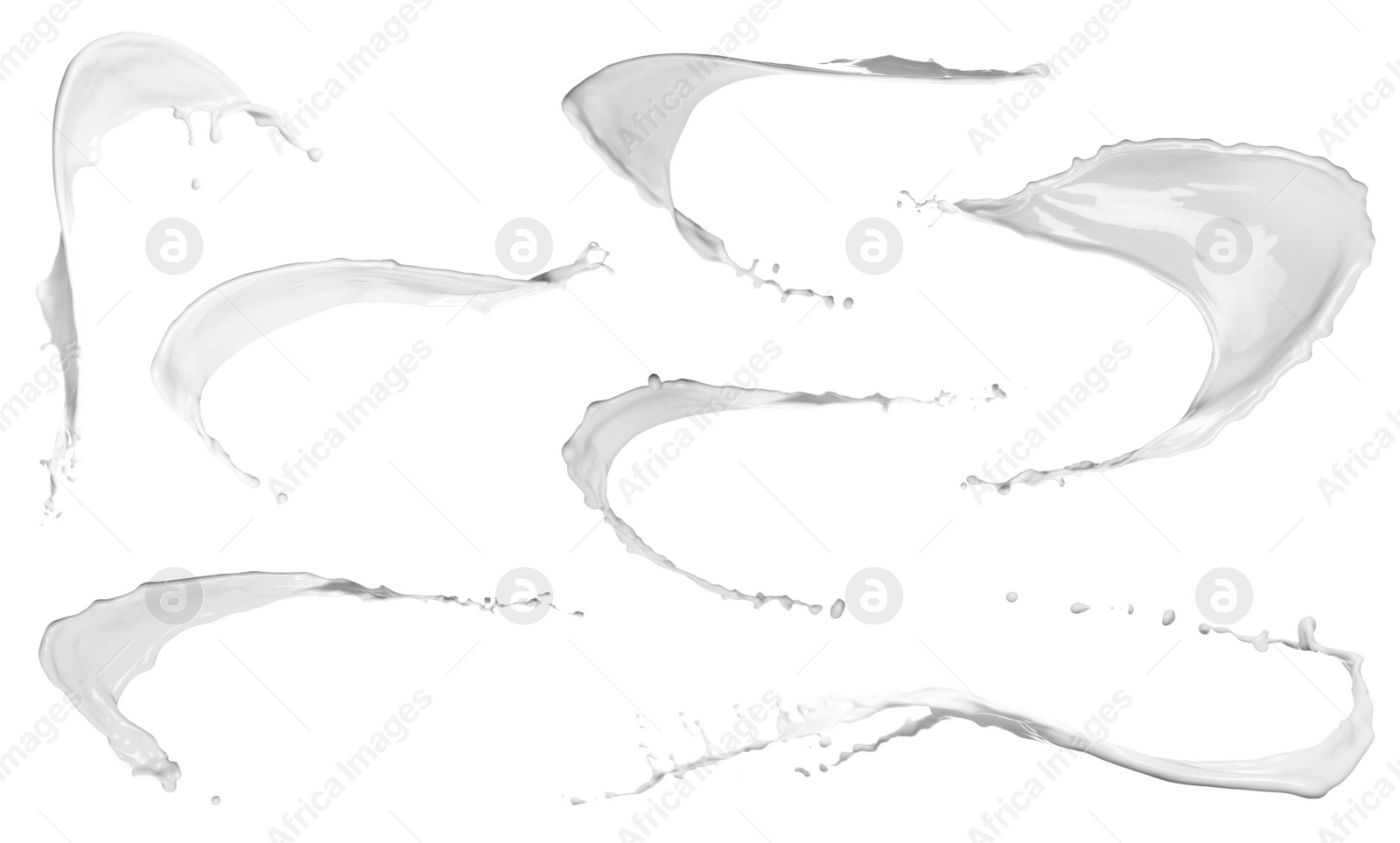 Image of Set with abstract splashes of milk on white background 