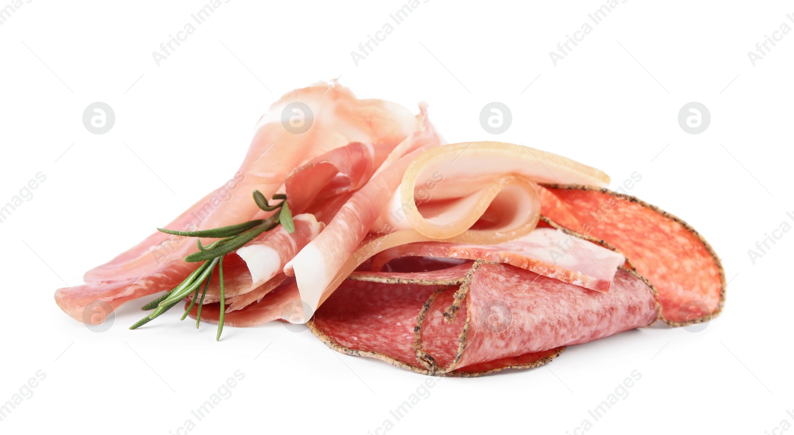 Photo of Delicious prosciutto and sausages on white background
