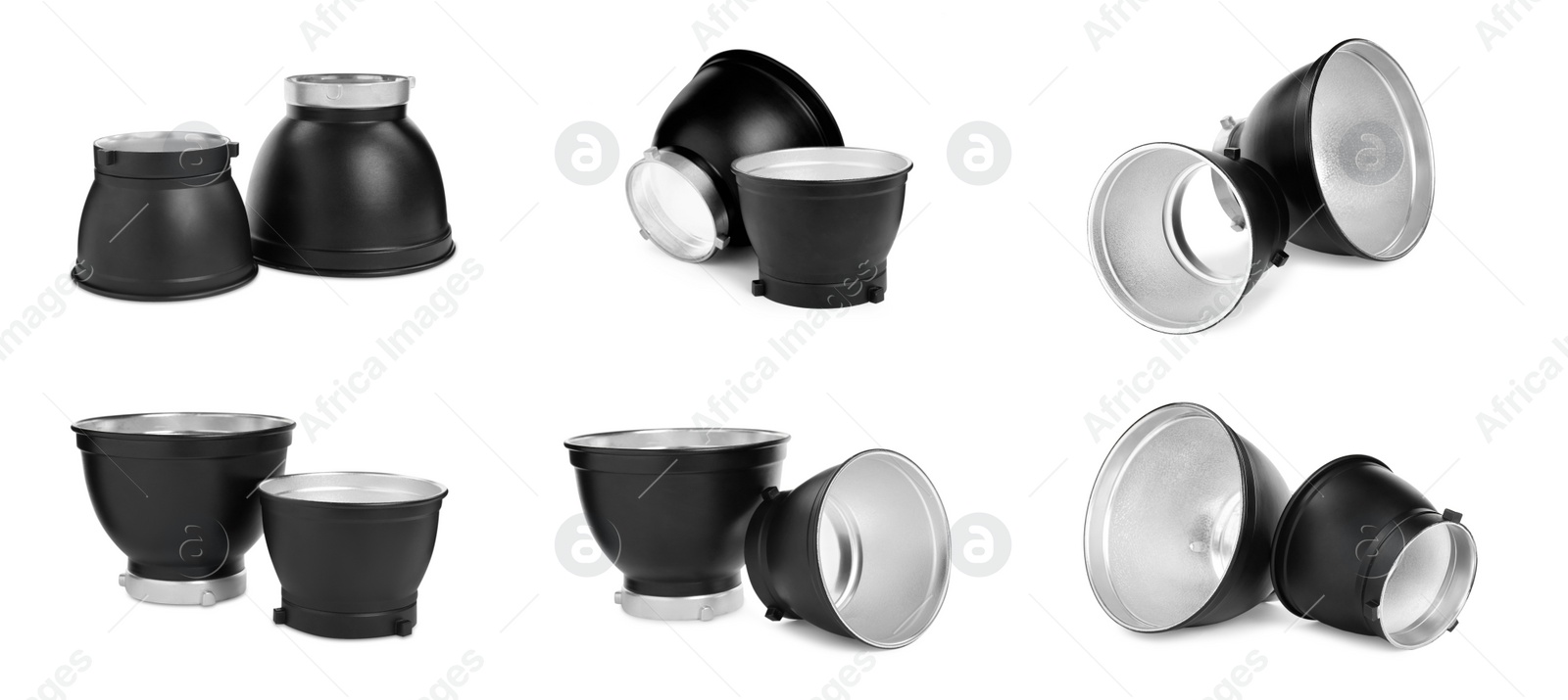 Image of Set with studio flash light reflectors on white background. Banner design