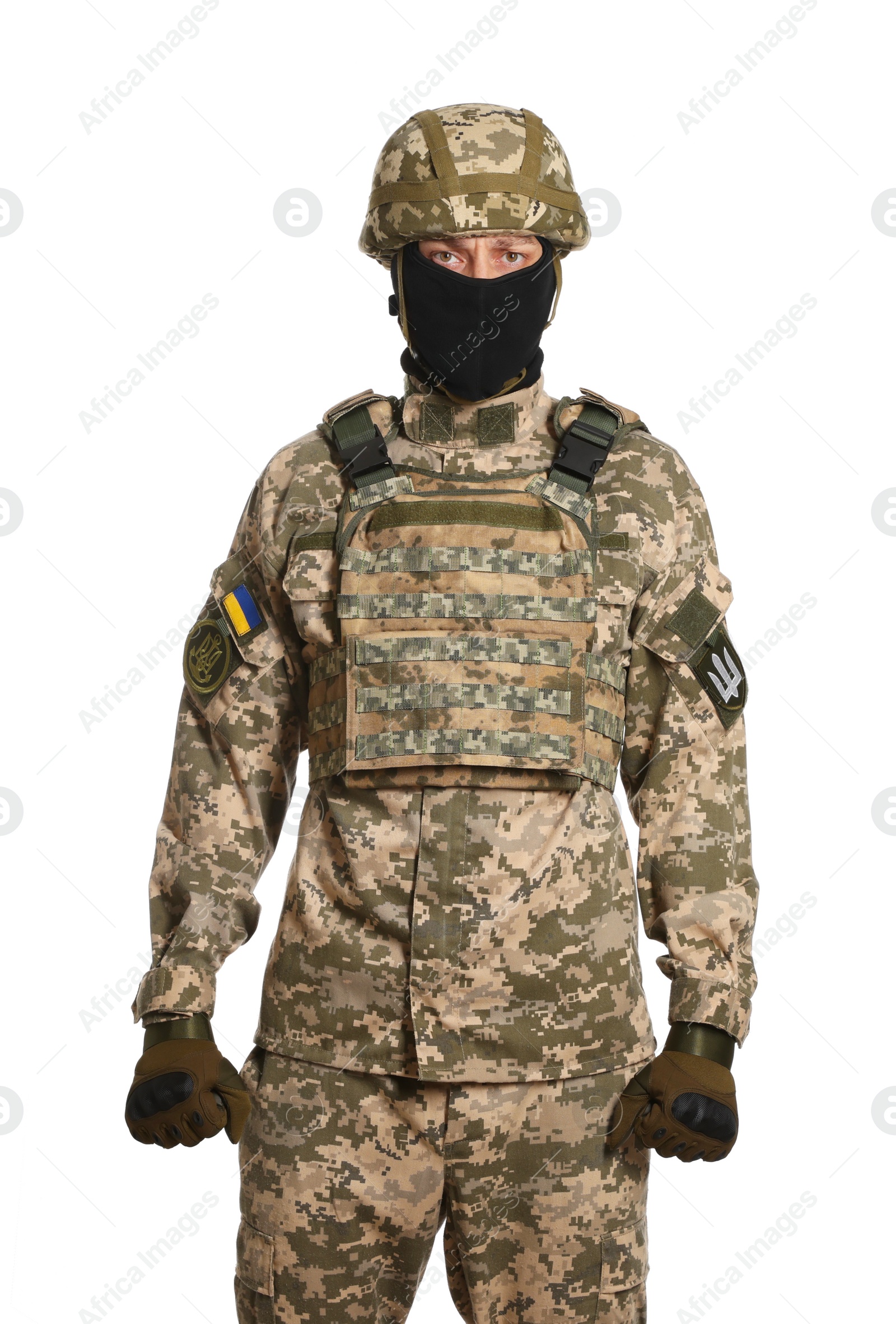 Photo of Ukrainian soldier in military uniform, helmet and balaclava on white background