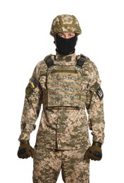 Ukrainian soldier in military uniform, helmet and balaclava on white background