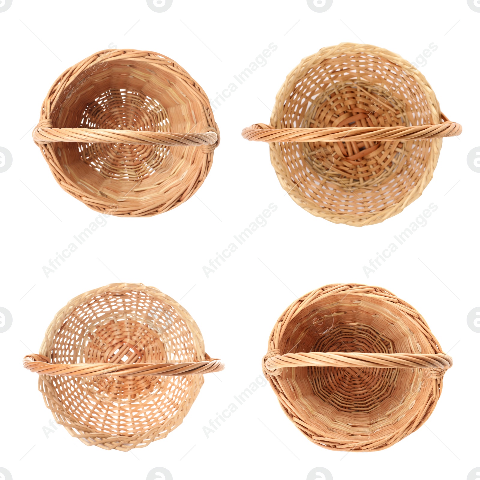 Image of Set with wicker baskets on white background, top view