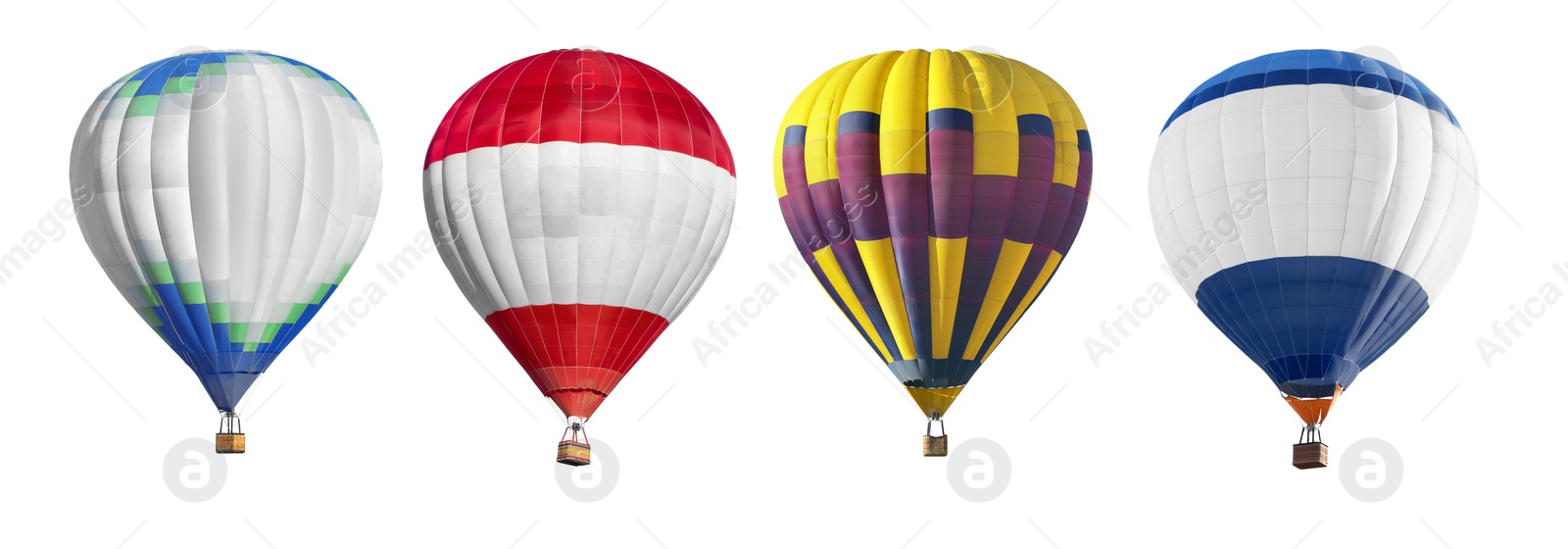 Image of Bright hot-air balloons on white background, set