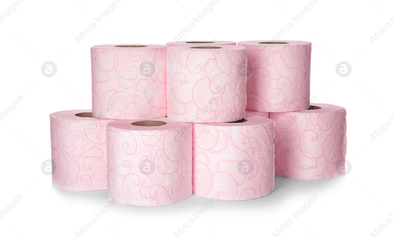 Photo of Color toilet paper rolls on white background