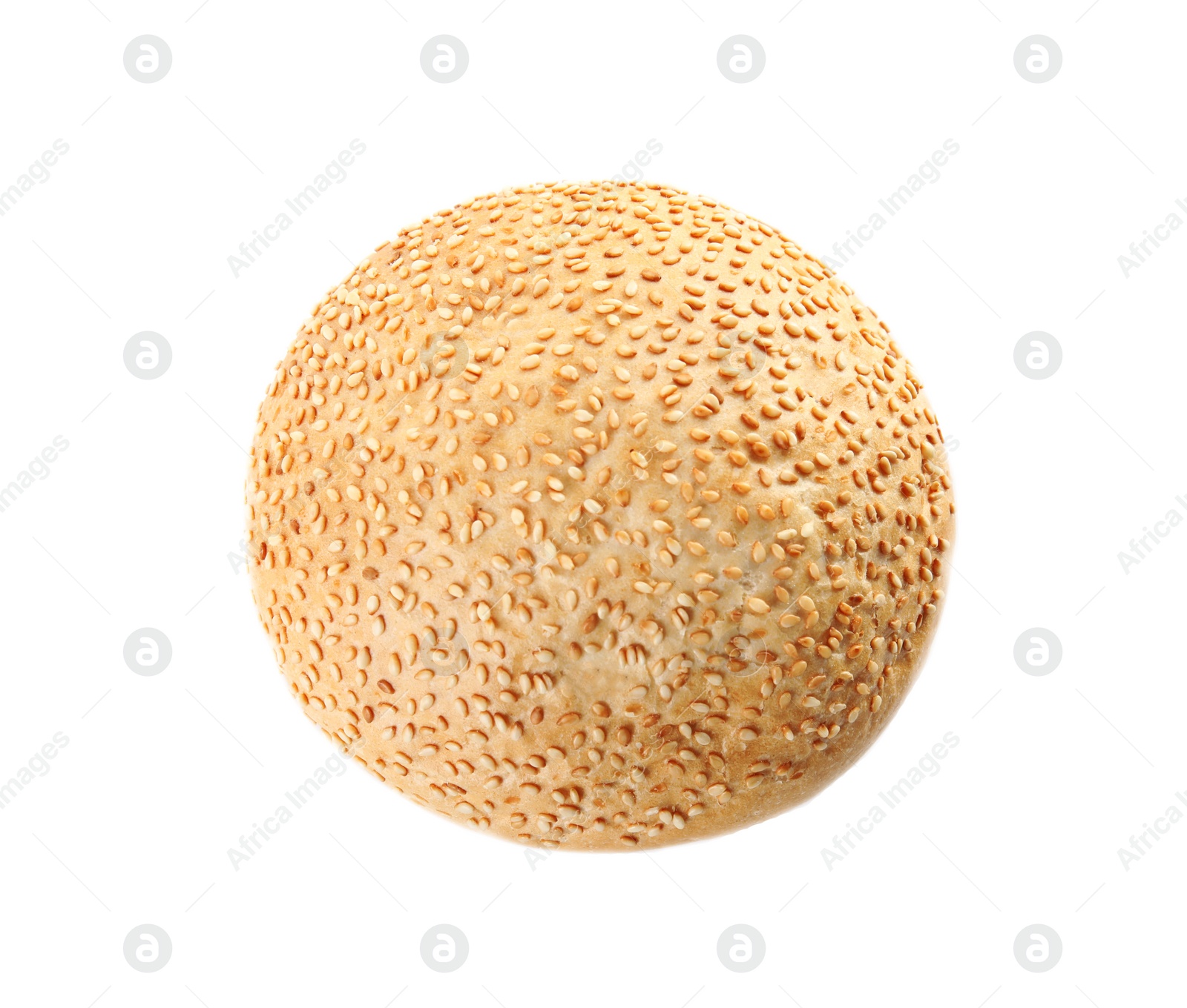 Photo of Bun with sesame seeds isolated on white, top view. Fresh bread