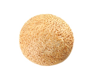 Bun with sesame seeds isolated on white, top view. Fresh bread