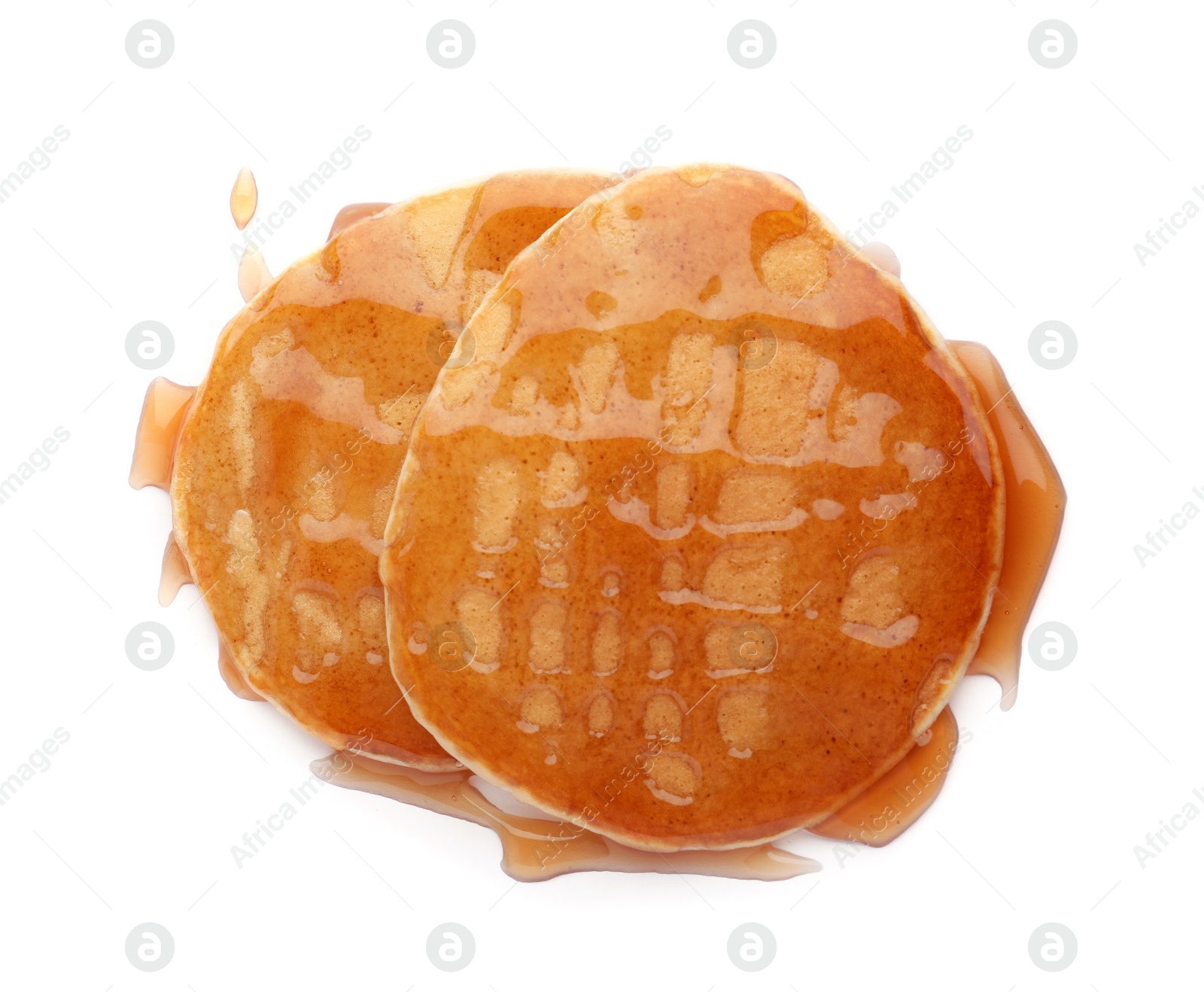 Photo of Tasty pancakes with honey on white background