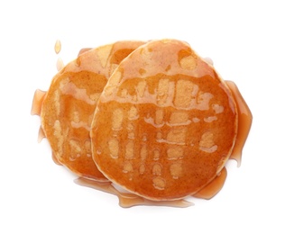 Photo of Tasty pancakes with honey on white background