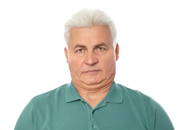 Mature man with double chin on white background