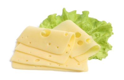 Slices of tasty fresh cheese and lettuce isolated on white