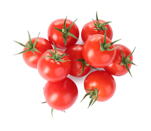 Tasty fresh raw tomatoes isolated on white, top view