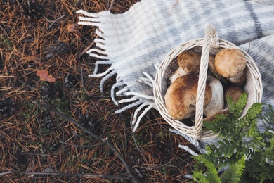 Photo of Wicker basket with fresh wild mushrooms in forest, above view