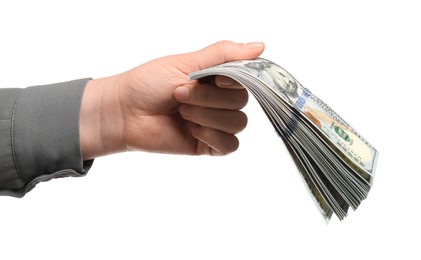 Photo of Money exchange. Woman holding dollar banknotes on white background, closeup