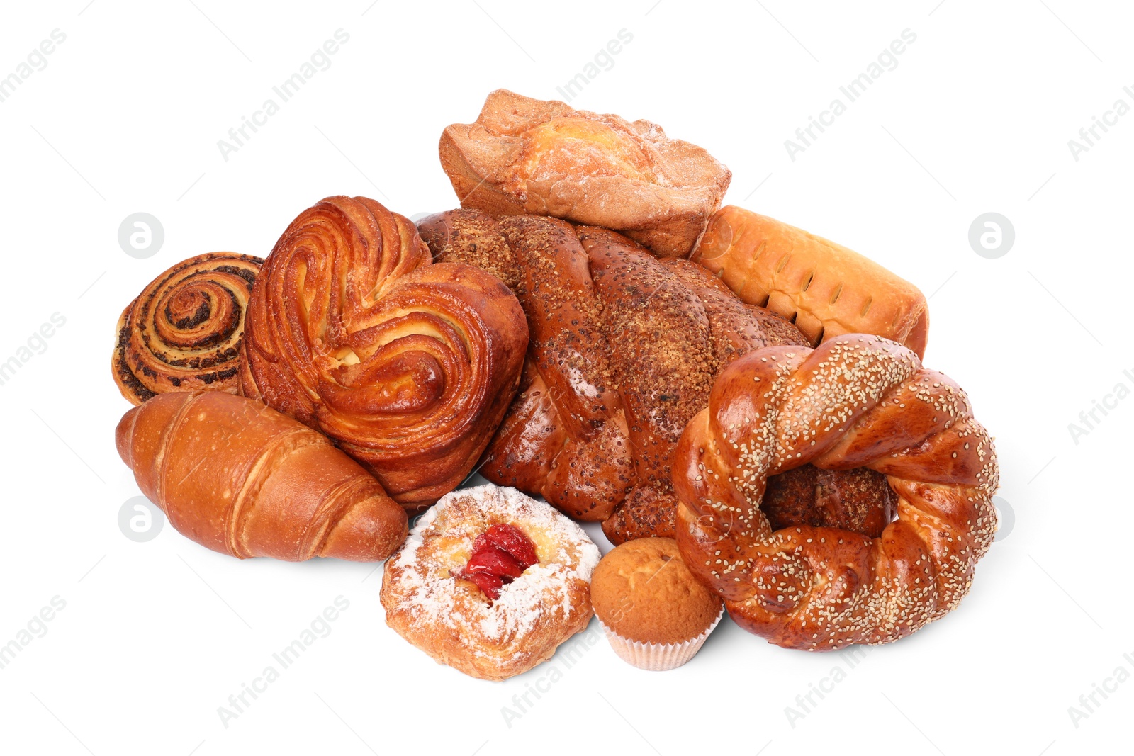 Photo of Many different tasty pastries isolated on white, above view