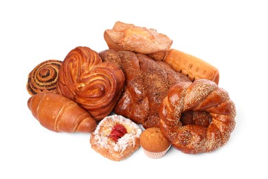 Photo of Many different tasty pastries isolated on white, above view