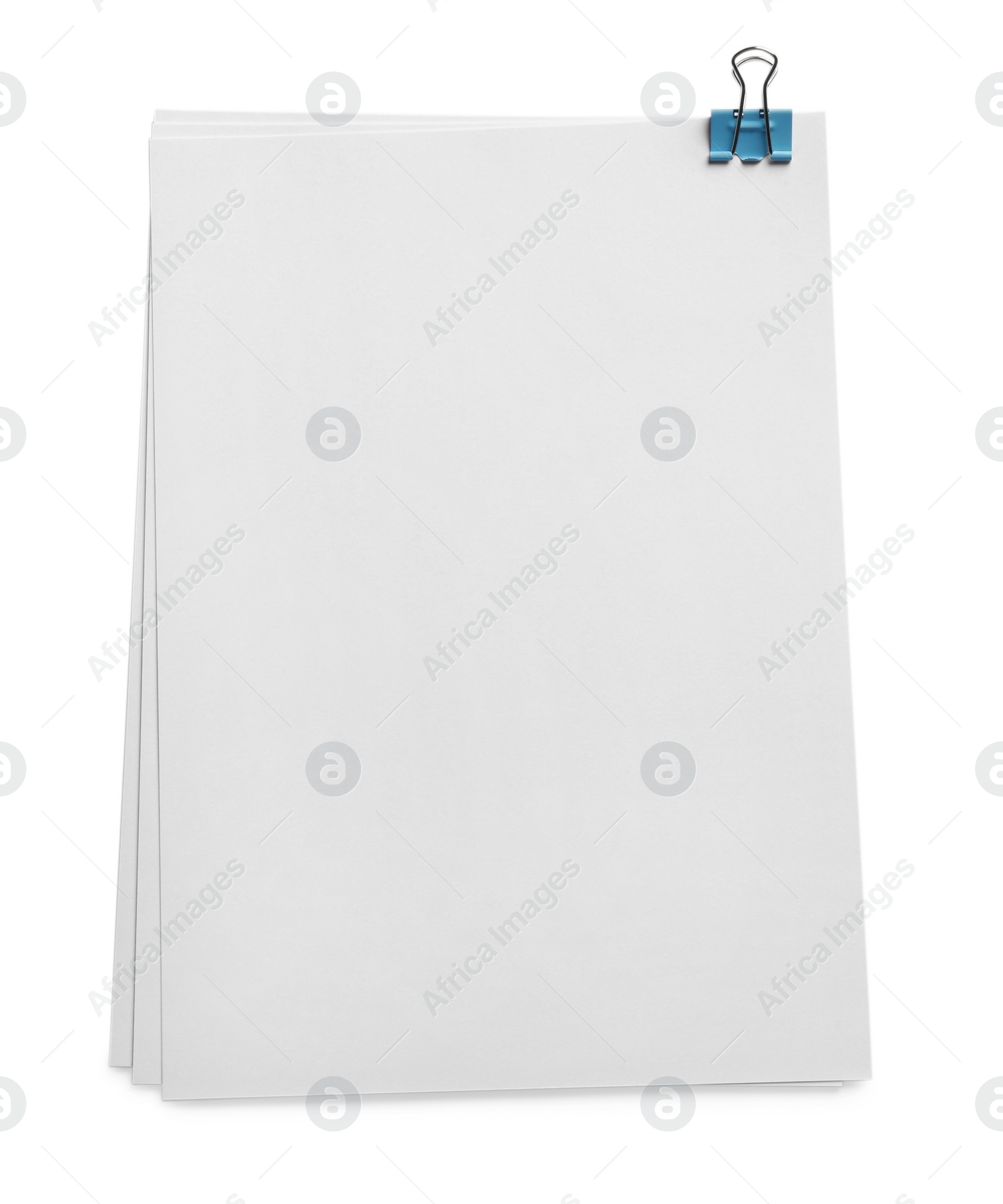 Photo of Blank sheets of paper with binder clip on white background, top view