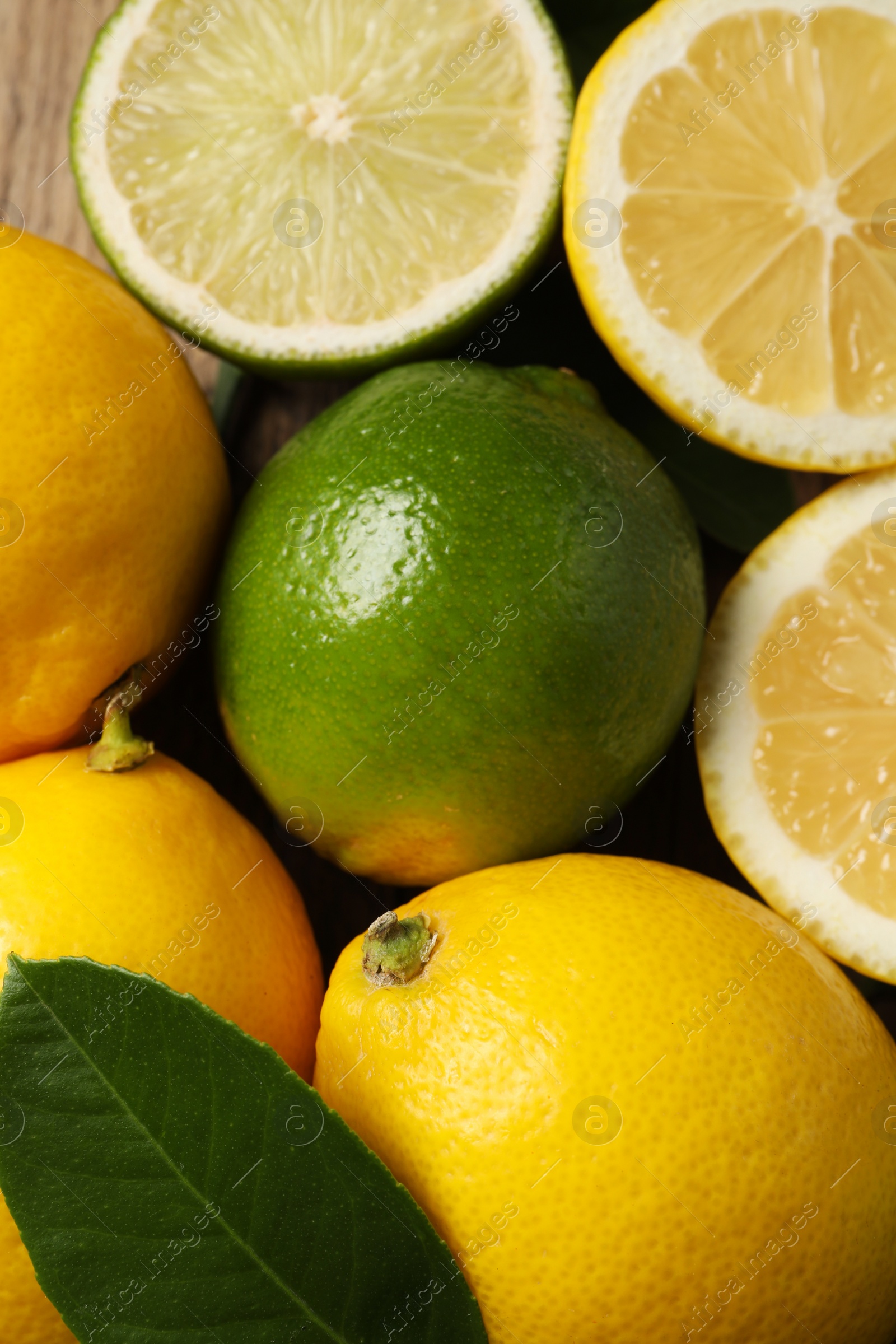 Photo of Fresh ripe lemons, limes and green leaf as background, closeup
