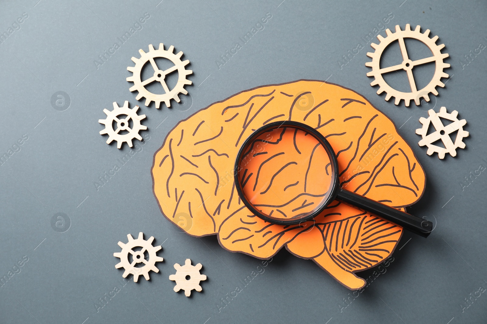 Photo of Amnesia. Paper cutout of human brain, cogwheels and magnifying glass on grey background, flat lay