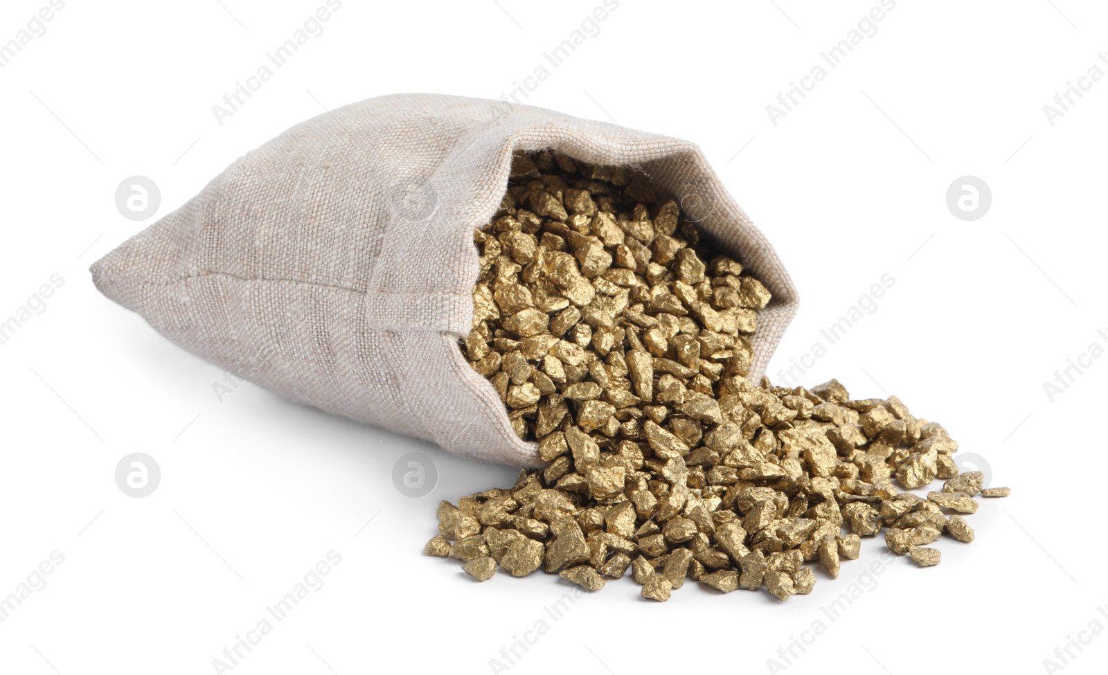 Photo of Overturned sack of gold nuggets on white background