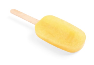 Photo of Tasty orange ice pop isolated on white. Fruit popsicle