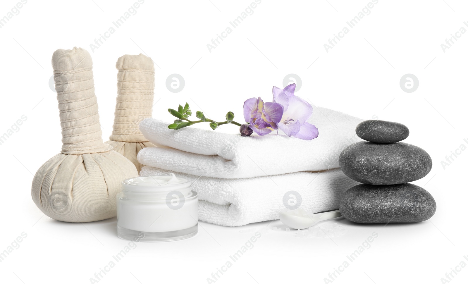Photo of Beautiful spa composition with herbal bags on white background