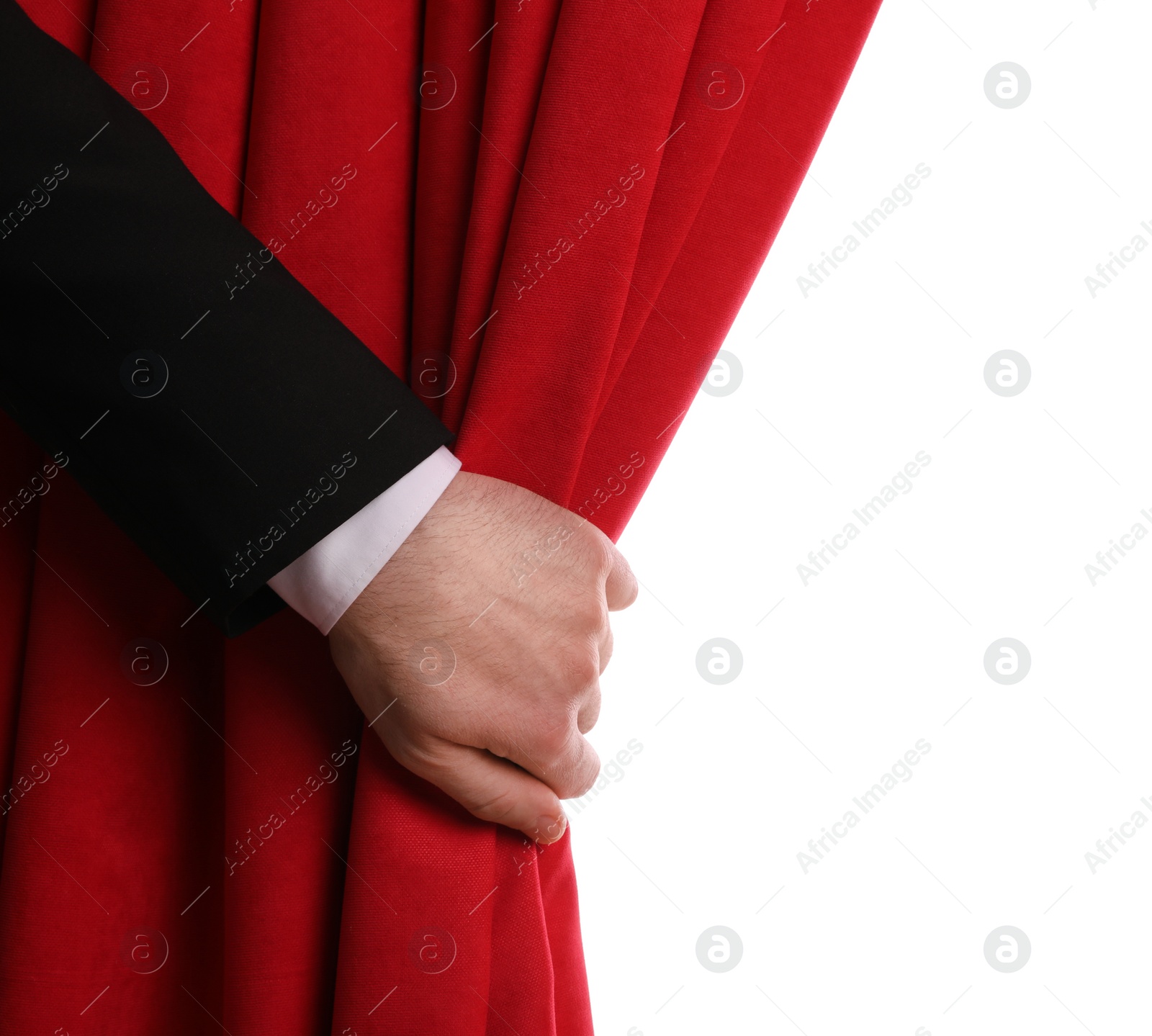 Photo of Man opening red front curtains on white background, closeup