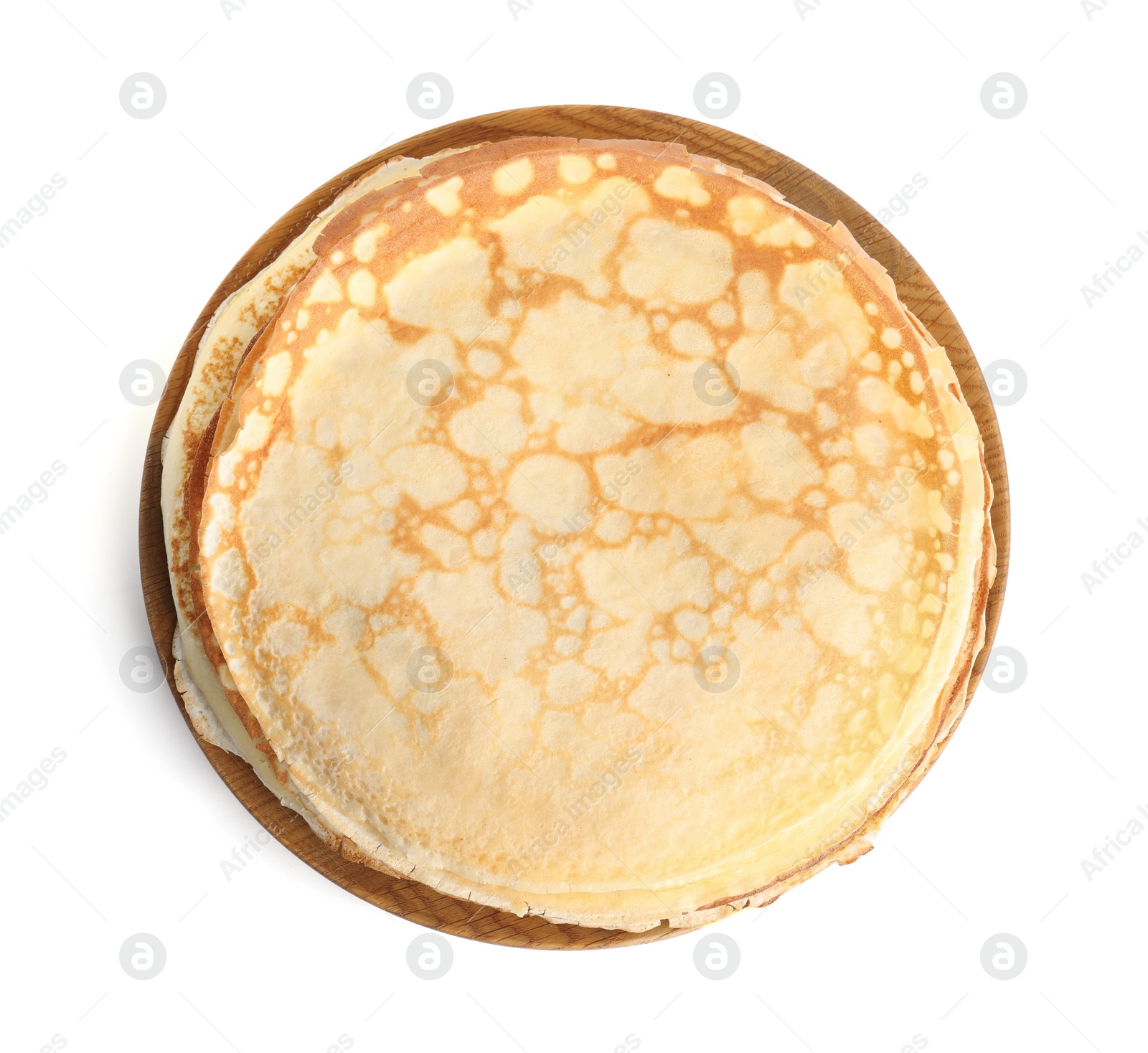 Photo of Stack of fresh thin pancakes isolated on white, top view