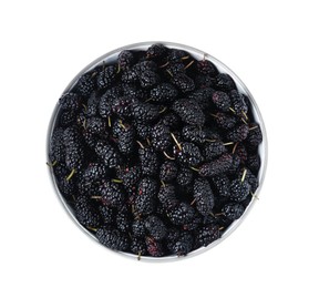 Photo of Bowl of delicious ripe black mulberries isolated on white, top view