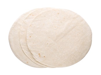 Delicious thin Armenian lavash on white background, top view