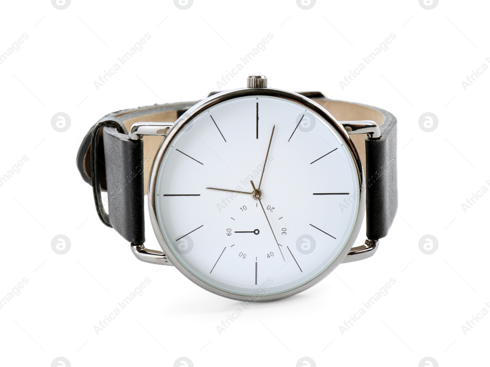 Photo of Elegant wristwatch with leather band isolated on white