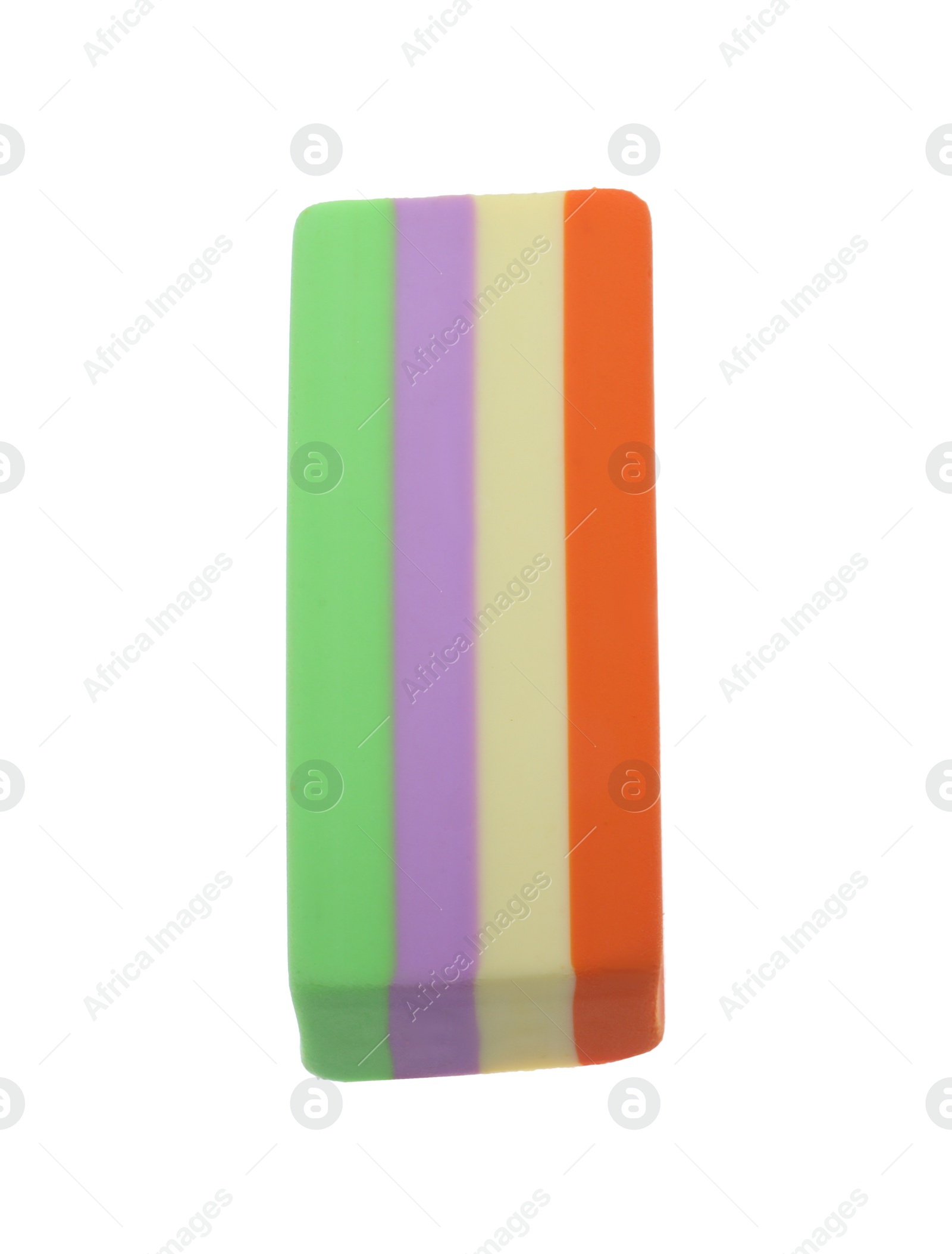 Photo of New eraser isolated on white. School stationery