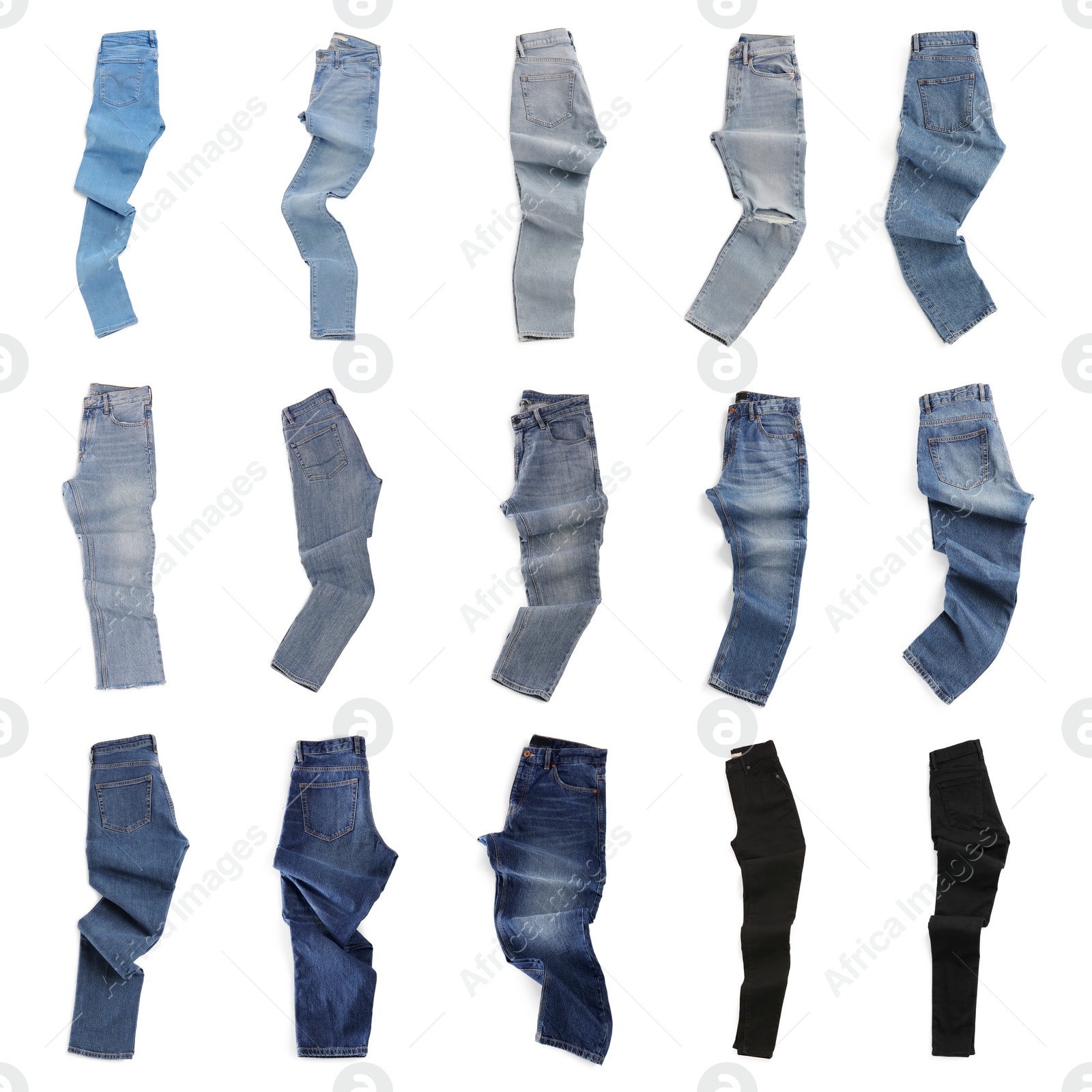 Image of Set with different jeans on white background, top view