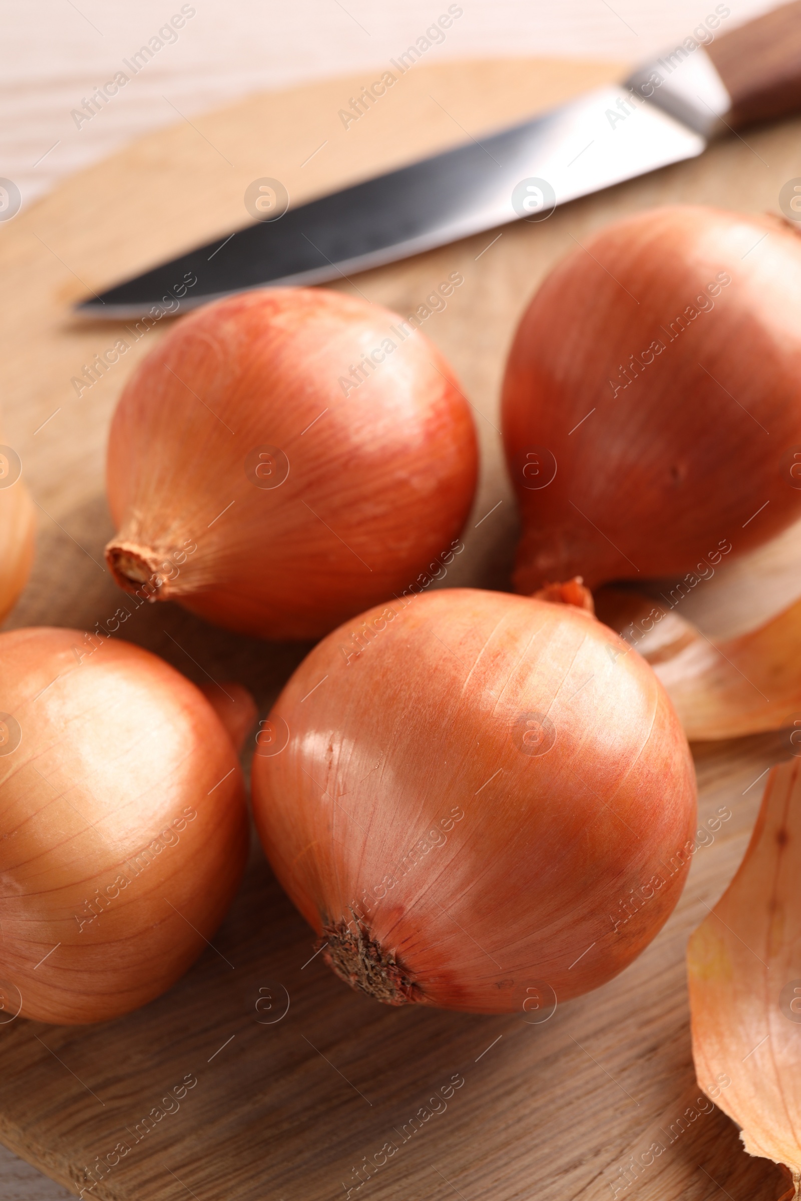 Photo of Tray with ripe onions and knife on wooden table, closeup