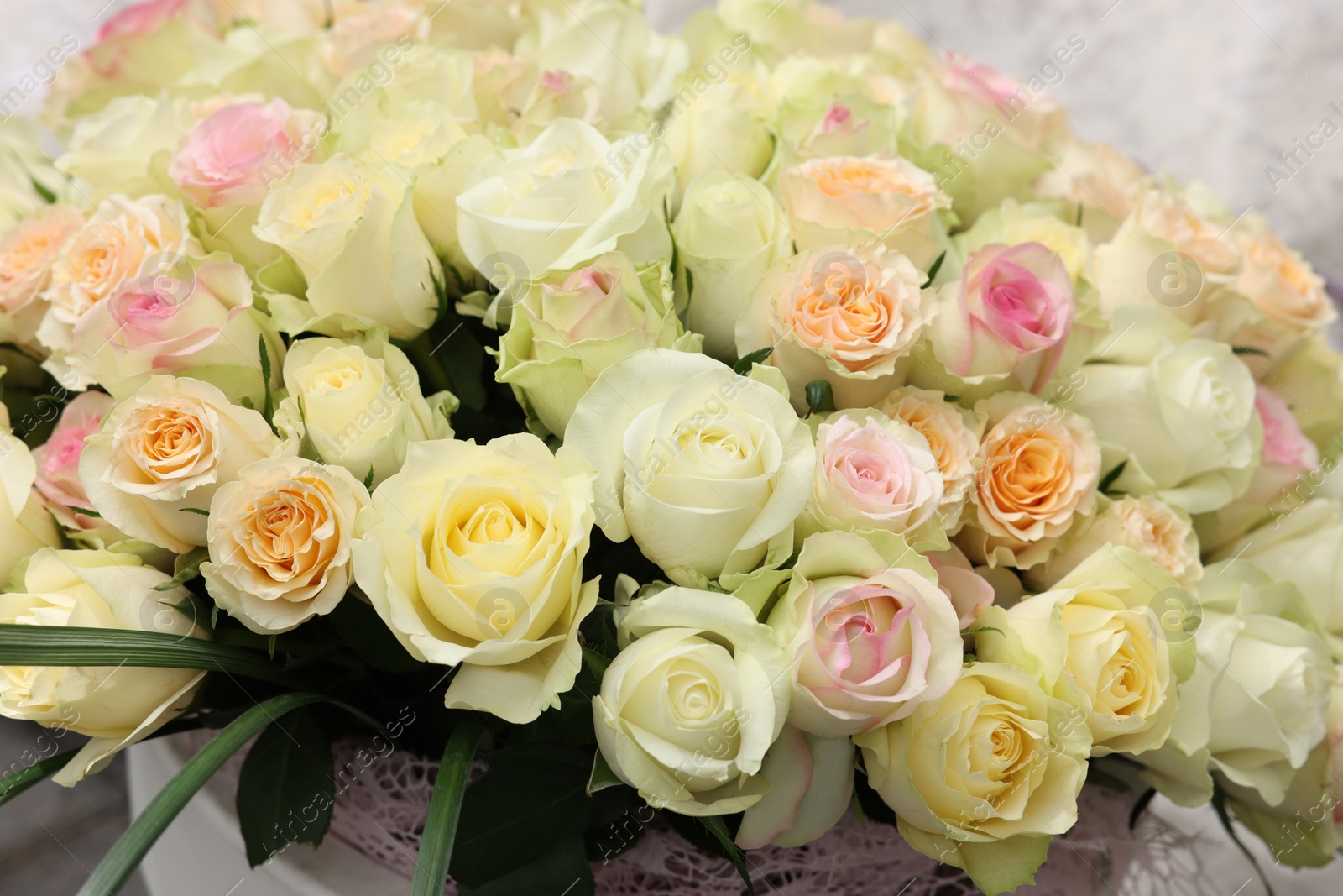 Photo of Bouquet of different beautiful roses, closeup view