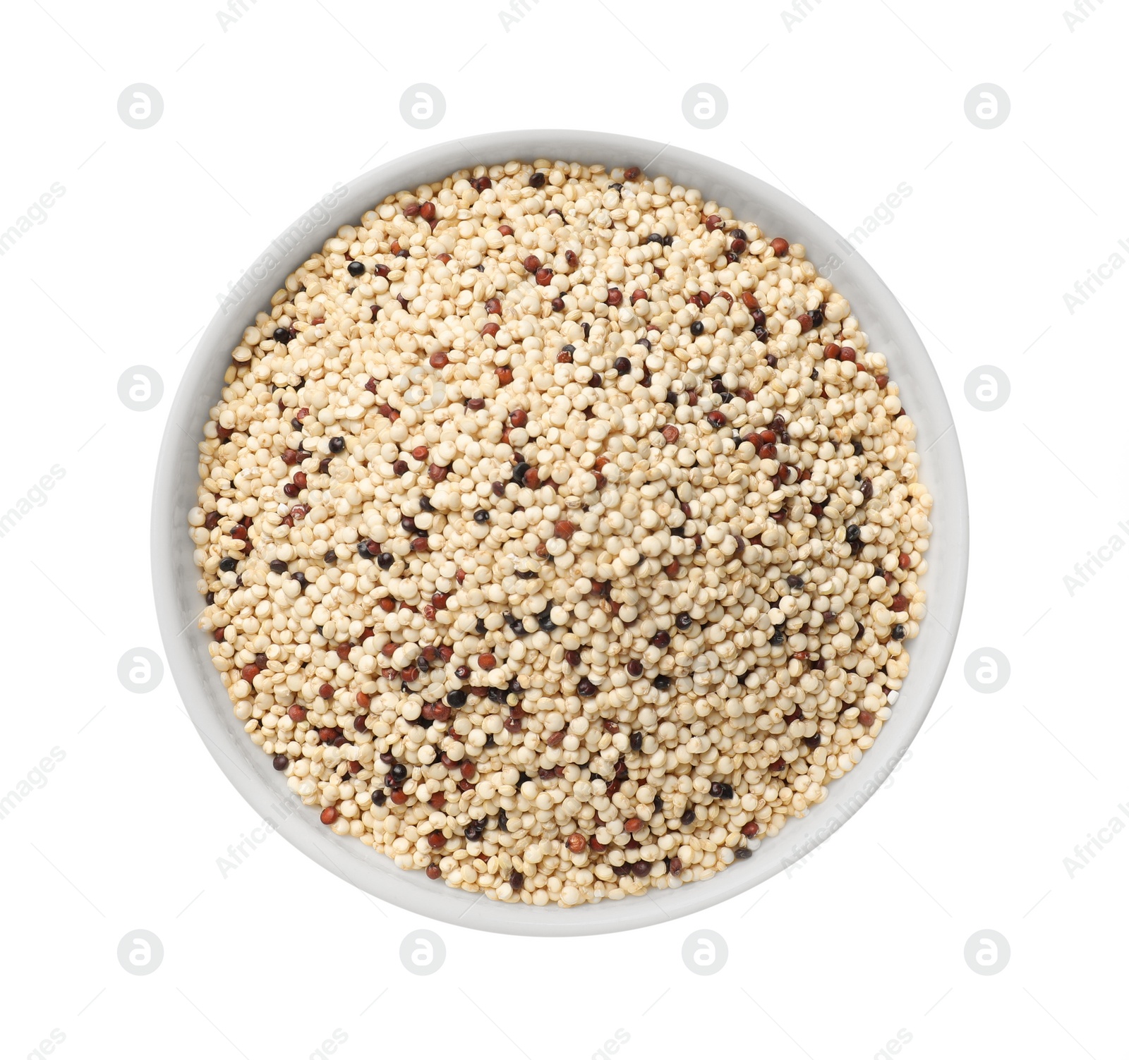 Photo of Raw quinoa seeds in bowl isolated on white, top view