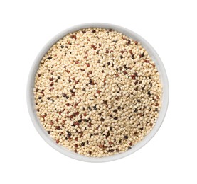 Raw quinoa seeds in bowl isolated on white, top view