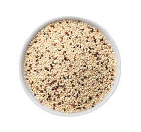 Photo of Raw quinoa seeds in bowl isolated on white, top view