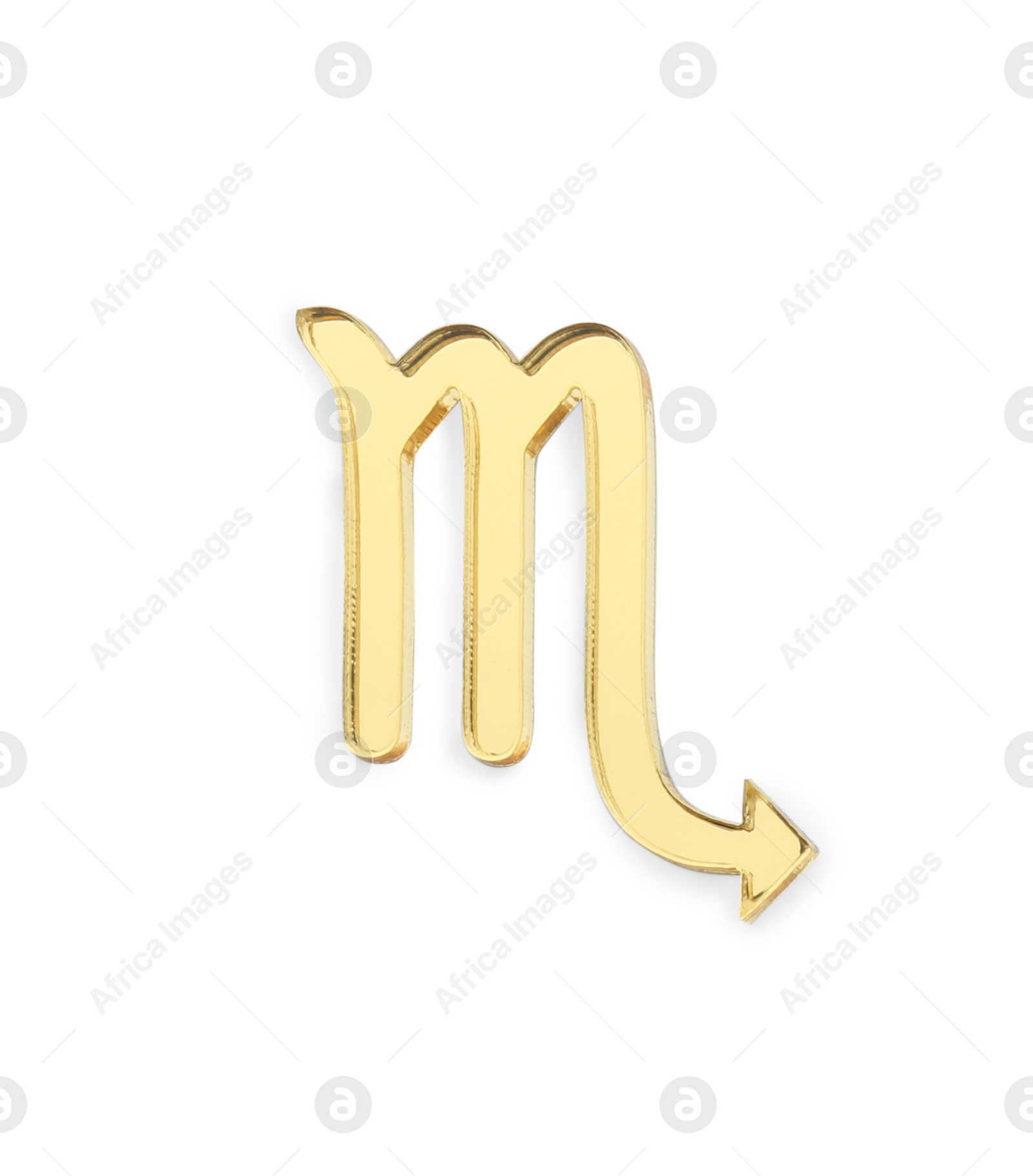 Photo of Zodiac sign. Golden Scorpio symbol isolated on white, top view
