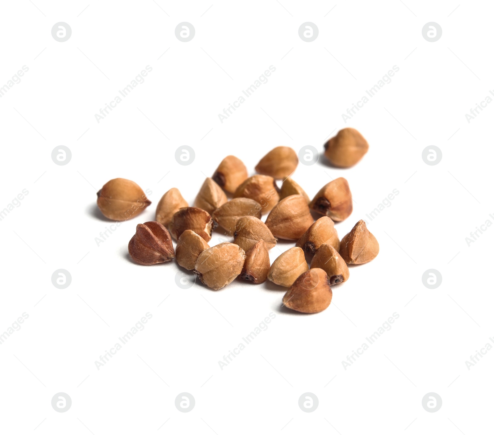 Photo of Uncooked buckwheat on white background. Healthy diet