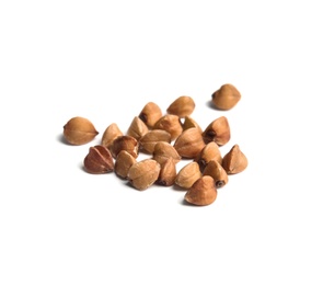 Photo of Uncooked buckwheat on white background. Healthy diet