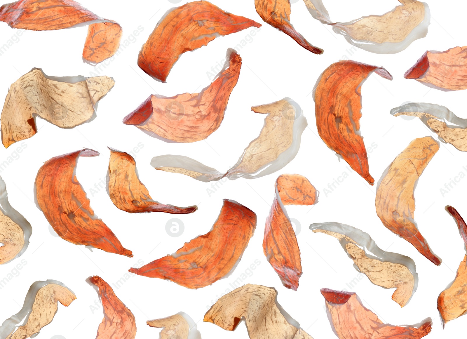 Image of Set of delicious sliced jamon on white background