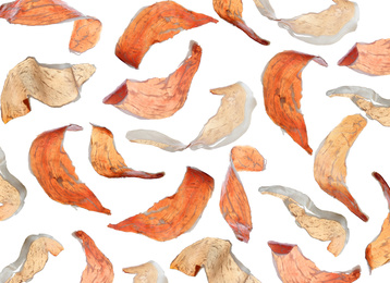 Set of delicious sliced jamon on white background