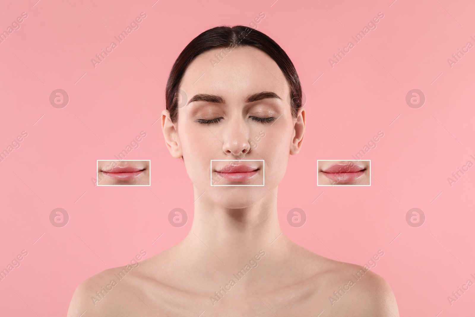 Image of Attractive woman with beautiful lips on pink background. Zoomed areas showing difference in lip fullness due to cosmetic procedure