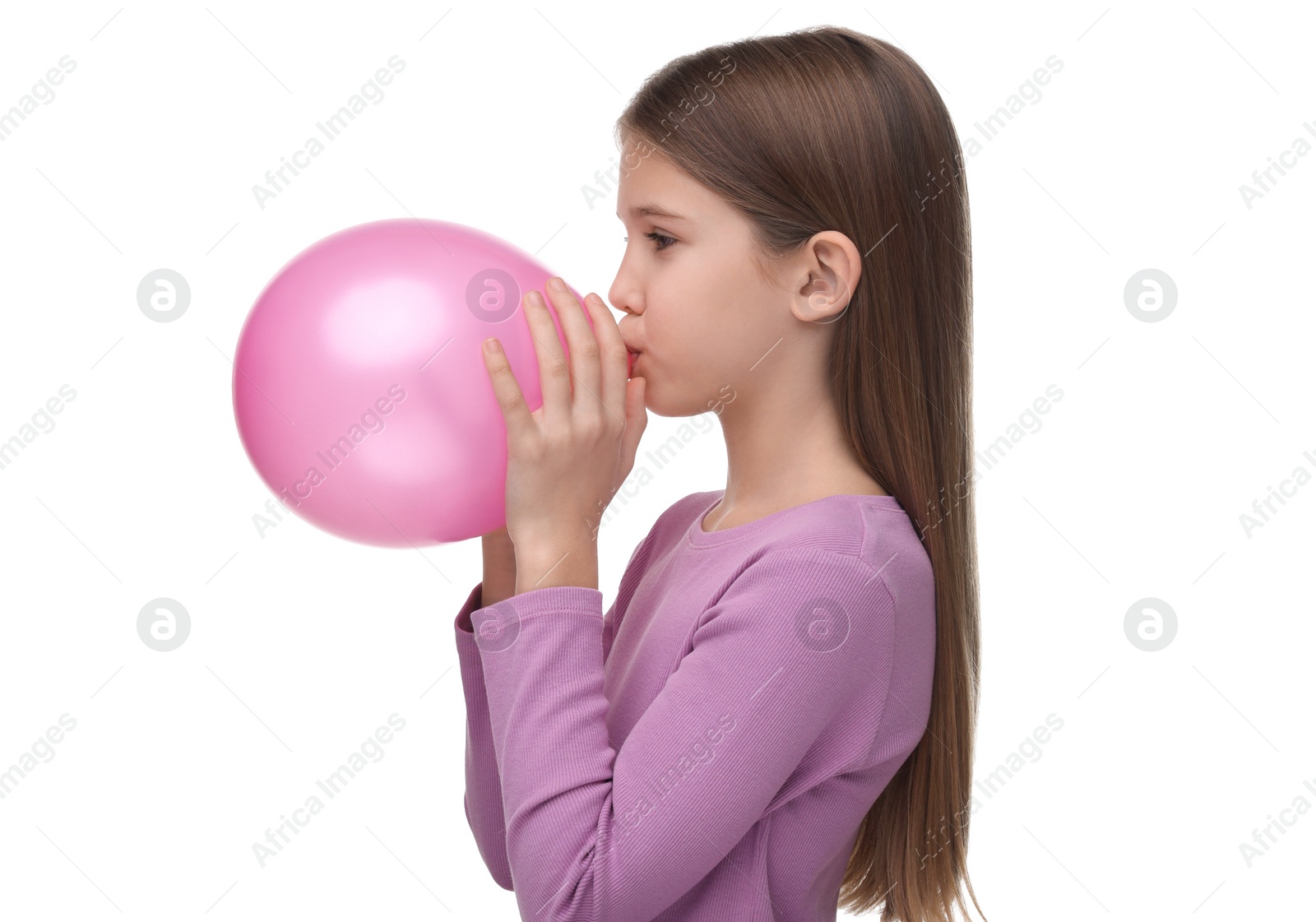 Photo of Girl inflating pink balloon on white background