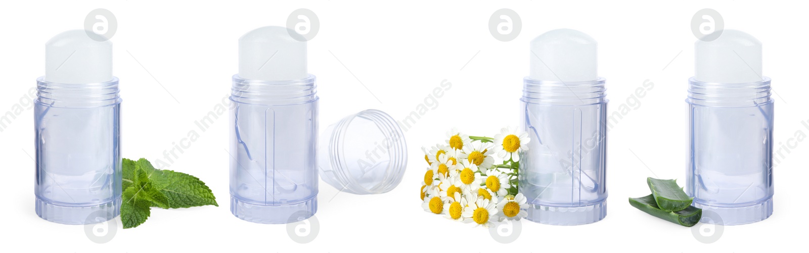 Image of Set with different natural crystal alum deodorants on white background. Banner design