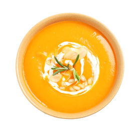 Tasty creamy pumpkin soup in bowl on white background, top view