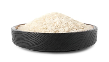 Photo of Plate with uncooked rice on white background